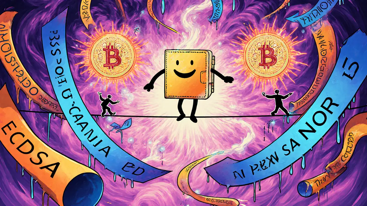 A dancing wallet on a tightrope between elliptic curves, with r and s values leaping as signatures form glowing ribbons.