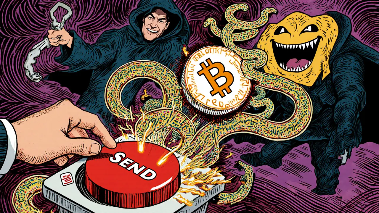 A hand pressing &#039;Send&#039; releases binary serpents, while hackers try to steal a private key guarded by code glyphs in psychedelic style.