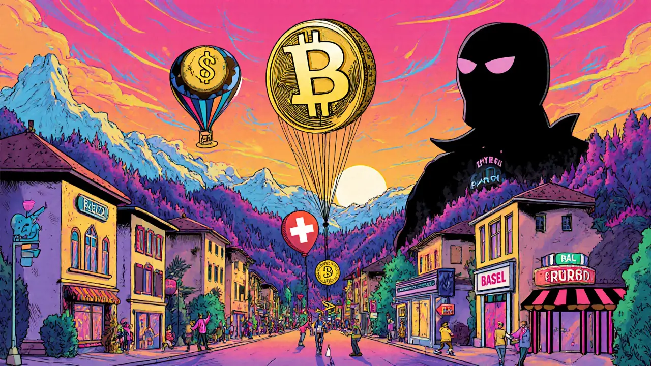 Crypto Valley street scene with tokens turning into francs, a stablecoin balloon, and Basel 2026 looming in the distance.