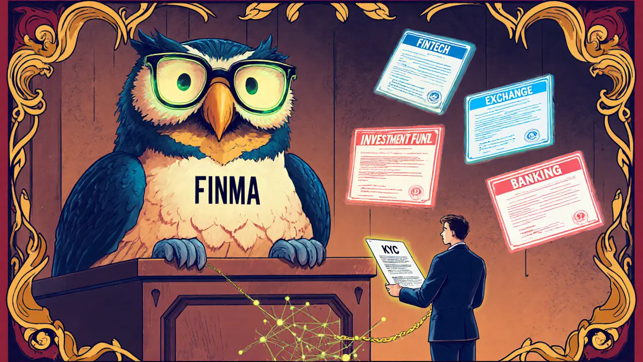 FINMA owl overseeing four glowing crypto licenses surrounded by blockchain nodes and Art Nouveau patterns.