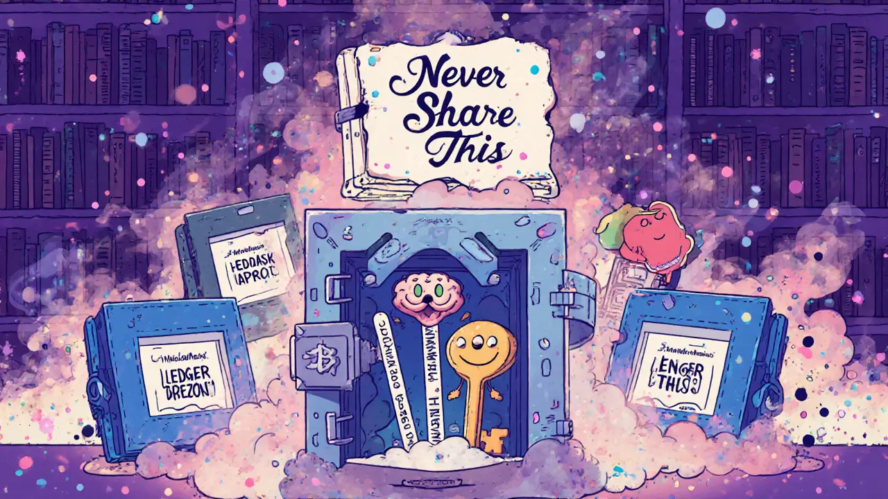 A brain-shaped vault guarded by word-shaped keys, with crypto wallets behind it in a surreal psychedelic scene.