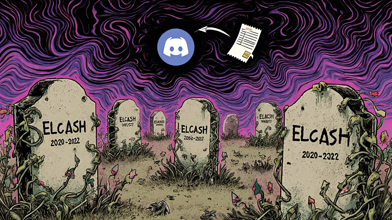A digital graveyard with tombstones for ELCASH, overgrown with expired domains and a fading Discord icon.
