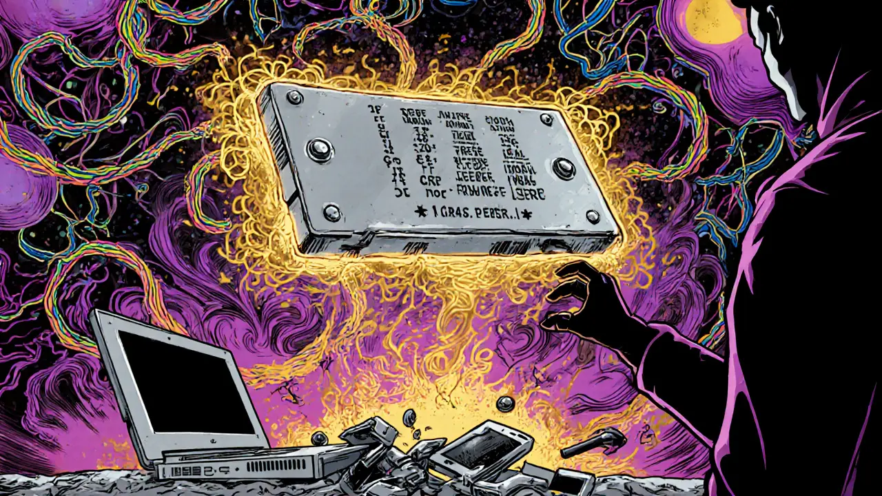 A metal seed phrase plate glowing above broken devices, connected to cosmic blockchain networks in vivid retro colors.