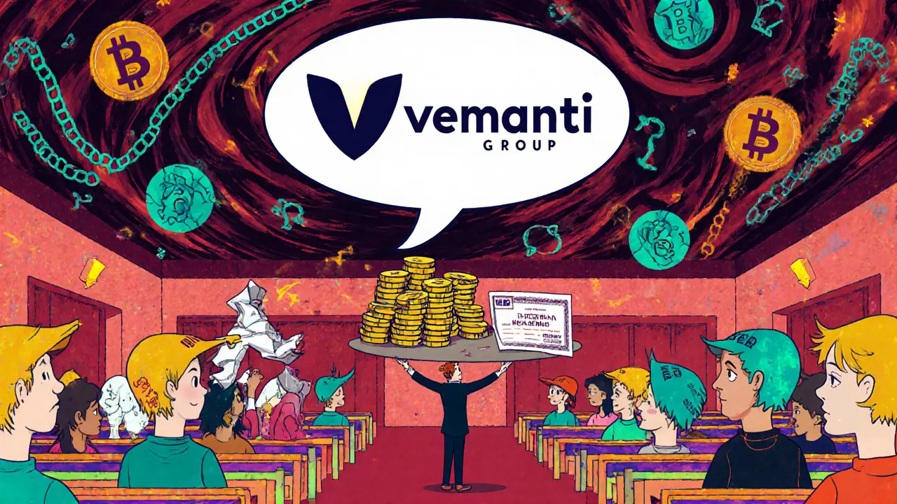 A trader confronting a corporate logo in a surreal courtroom with crypto coins and bonus certificates on trial.