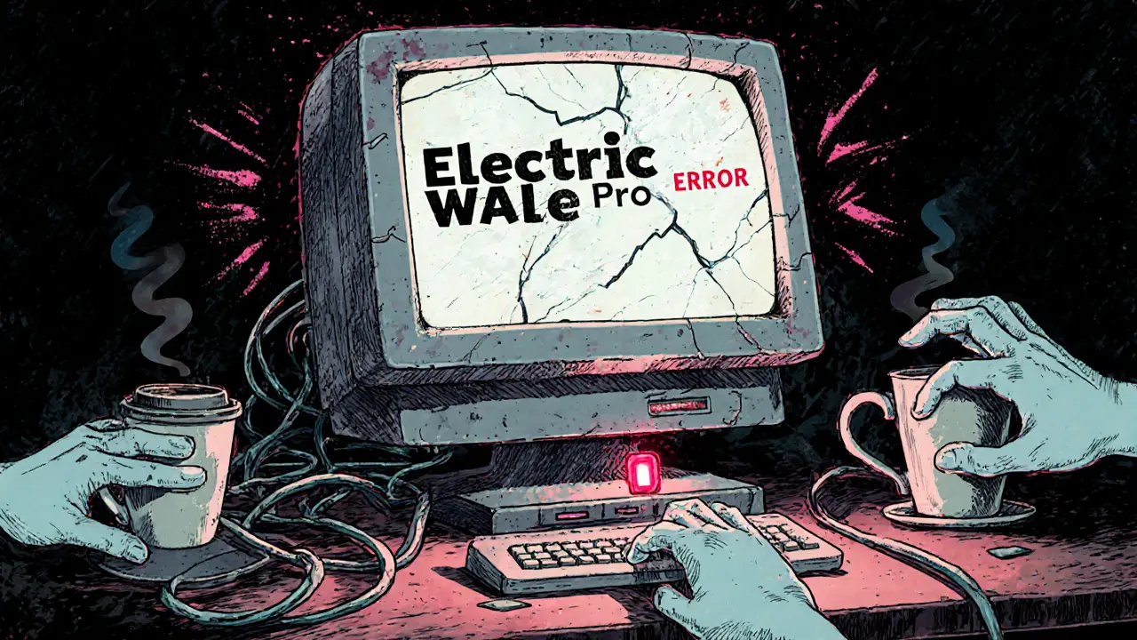 An abandoned computer with a broken wallet app, ghostly hands reaching for an unresponsive button.