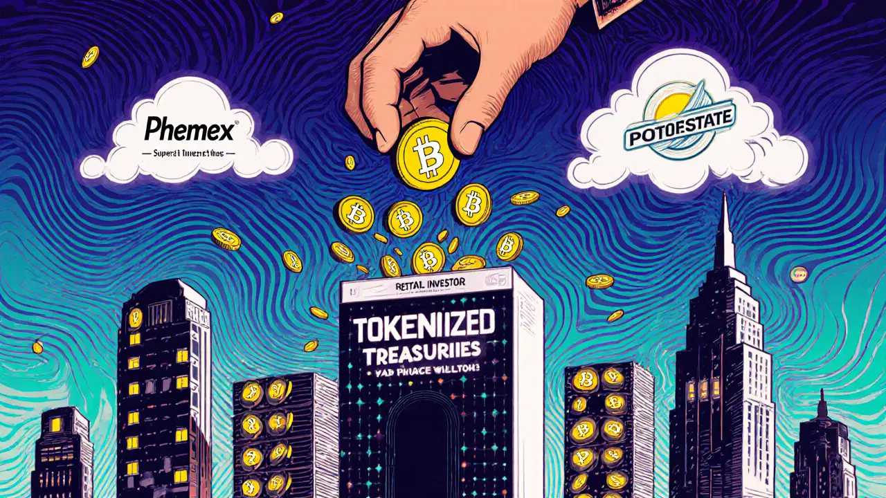 City skyline made of digital tokens, with a  coin triggering a ripple of ownership fragments across the skyline.