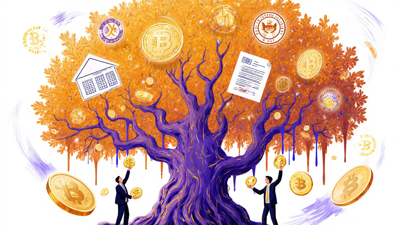 Fractal tree with tokenized assets as fruit, surrounded by blockchain roots and regulatory symbols in vivid colors.