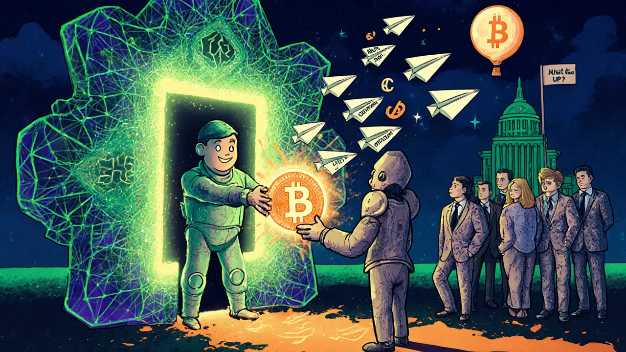 Investor trading Bitcoin for ETF shares through a glowing fractal portal, with Solana and XRP balloons rising in the background.