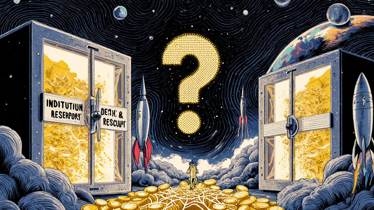 Transparent reserve vaults glow in a crypto marketplace while a DeFi web hovers under a question mark.