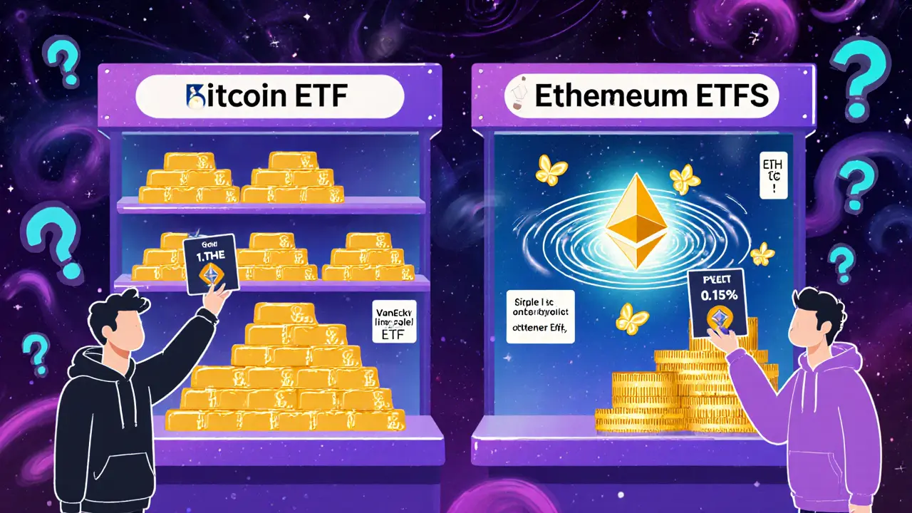 Two crypto ETF shelves side by side, one simple Bitcoin bars, the other glowing Ethereum with staking fireflies and price tags.