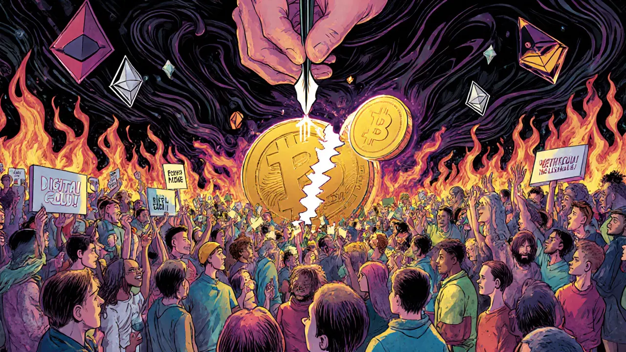 A crowd of crypto supporters divided by signs, watching a giant coin split under a glowing quill drawing a fork in the air.