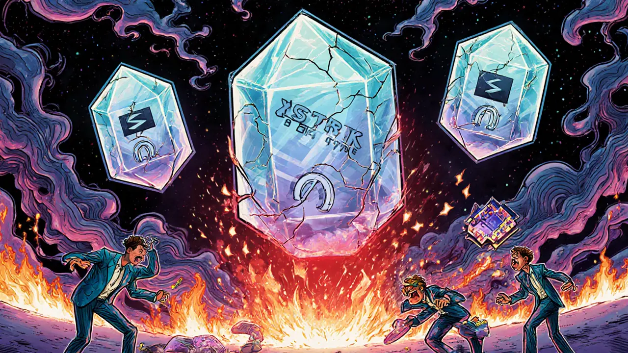 Cracked price feed crystals glowing red as users panic during Nostra&#039;s 2024 oracle glitch