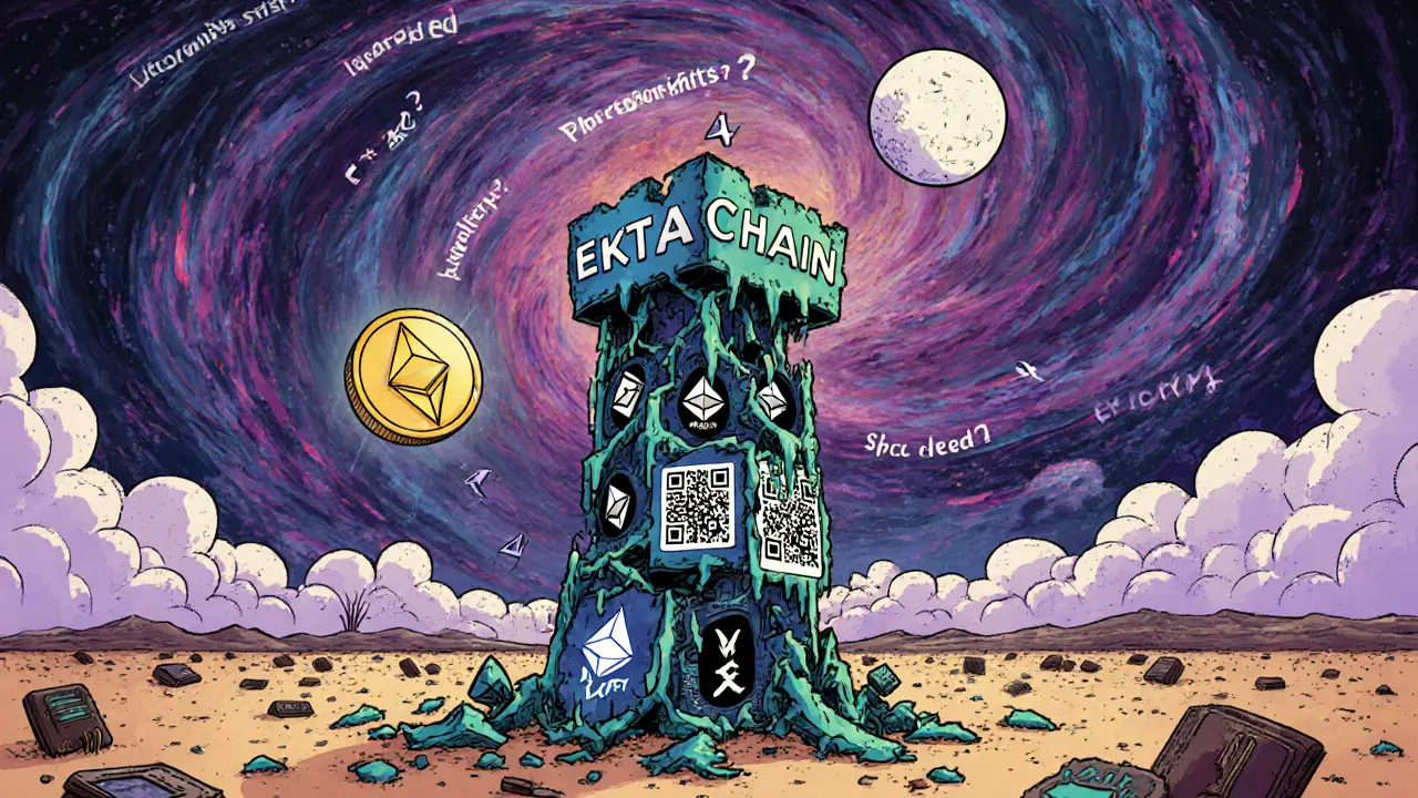 A crumbling EktaChain tower in a desert of forgotten wallets, with one glowing token drifting toward a blockchain moon.