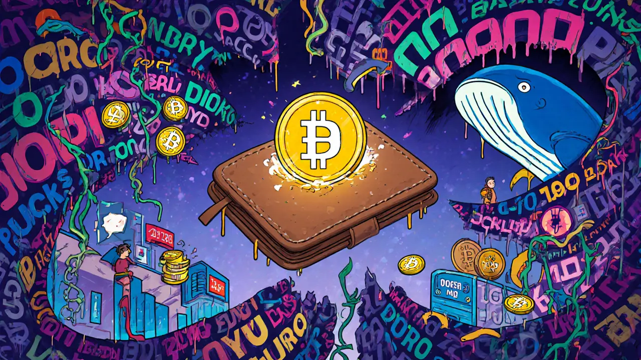 A glowing DORA wallet above chaotic price spirals, with a whale dumping tokens