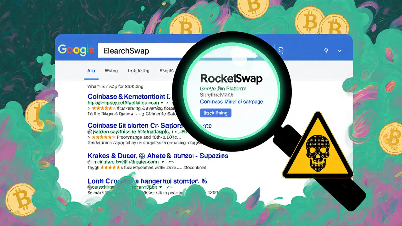 A magnifying glass revealing misleading search results for RocketSwap among verified crypto platforms.