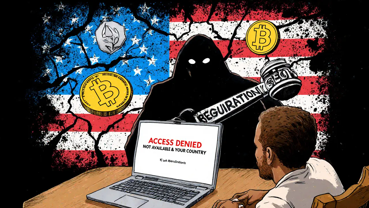 A person facing a denied crypto access screen, surrounded by floating coins and a shadowy regulatory gavel, in vibrant psychedelic art style.