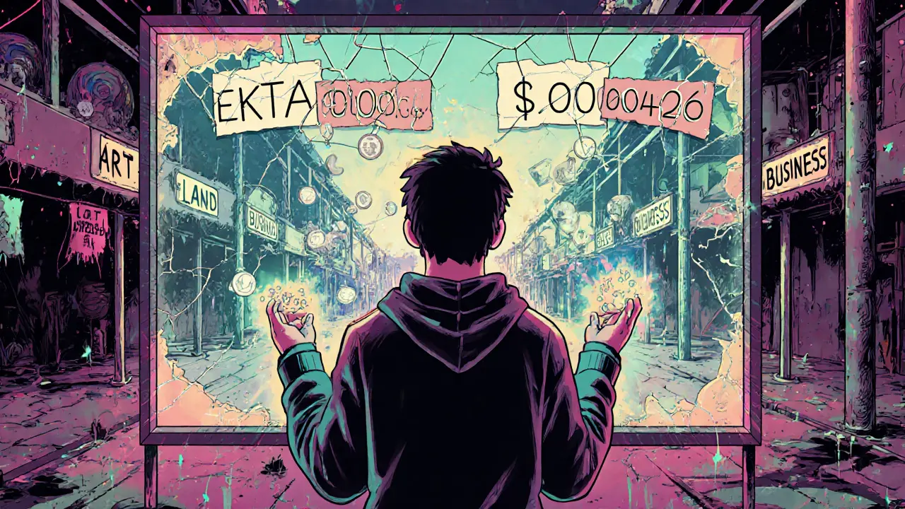 A person watching conflicting EKTA prices on a flickering screen, surrounded by empty digital stalls.