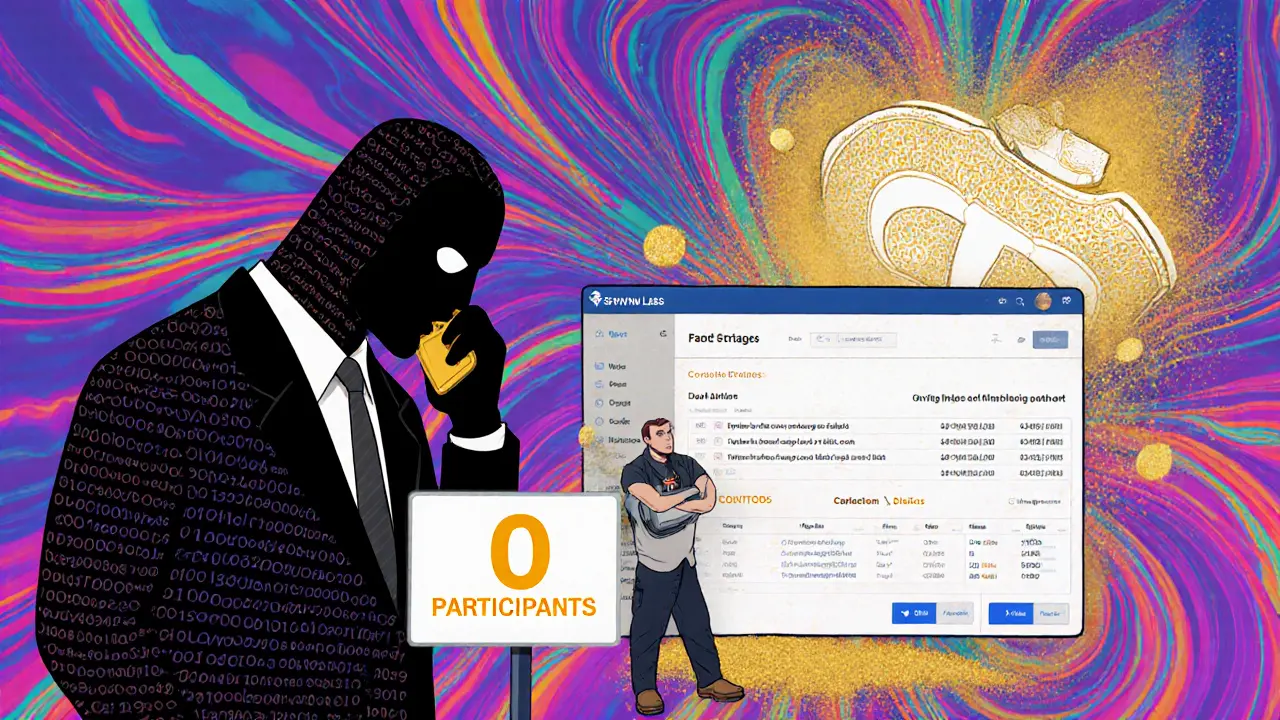 A scammer whispering to a snake-phone while a confident user stands beside active DeFi tools