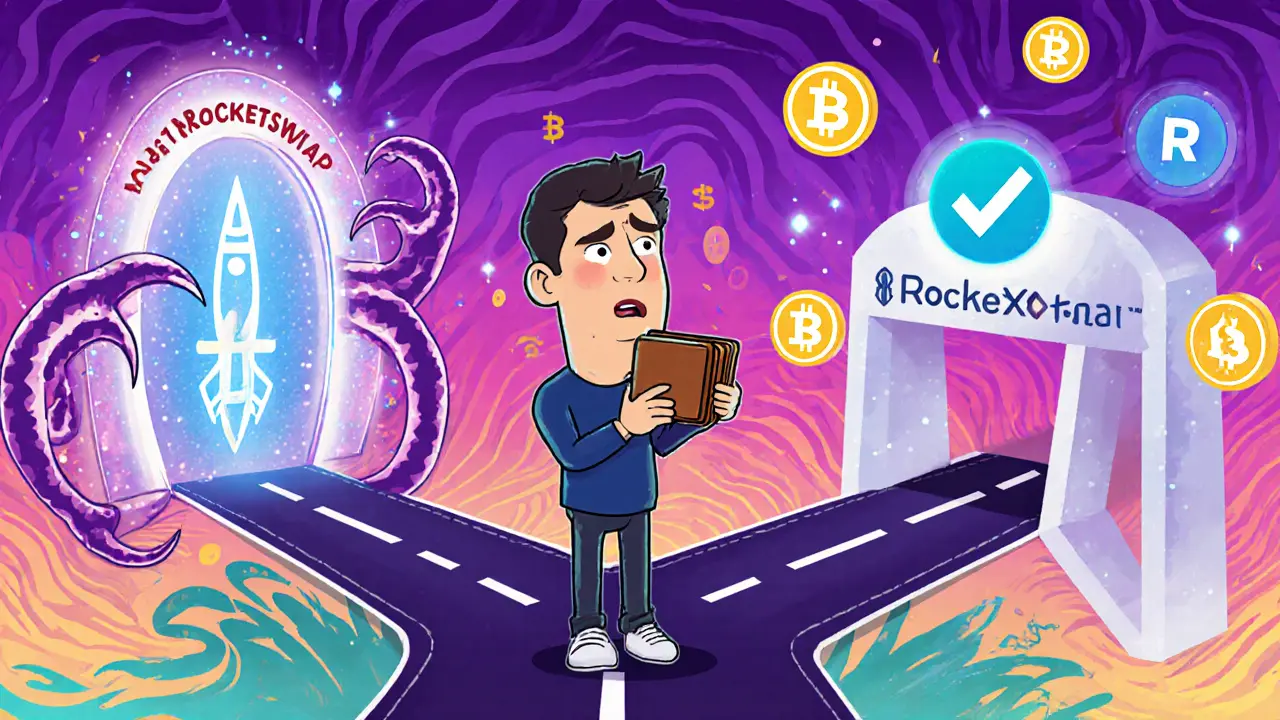 A user choosing between a dangerous fake exchange portal and a safe cross-chain bridge with glowing tokens.