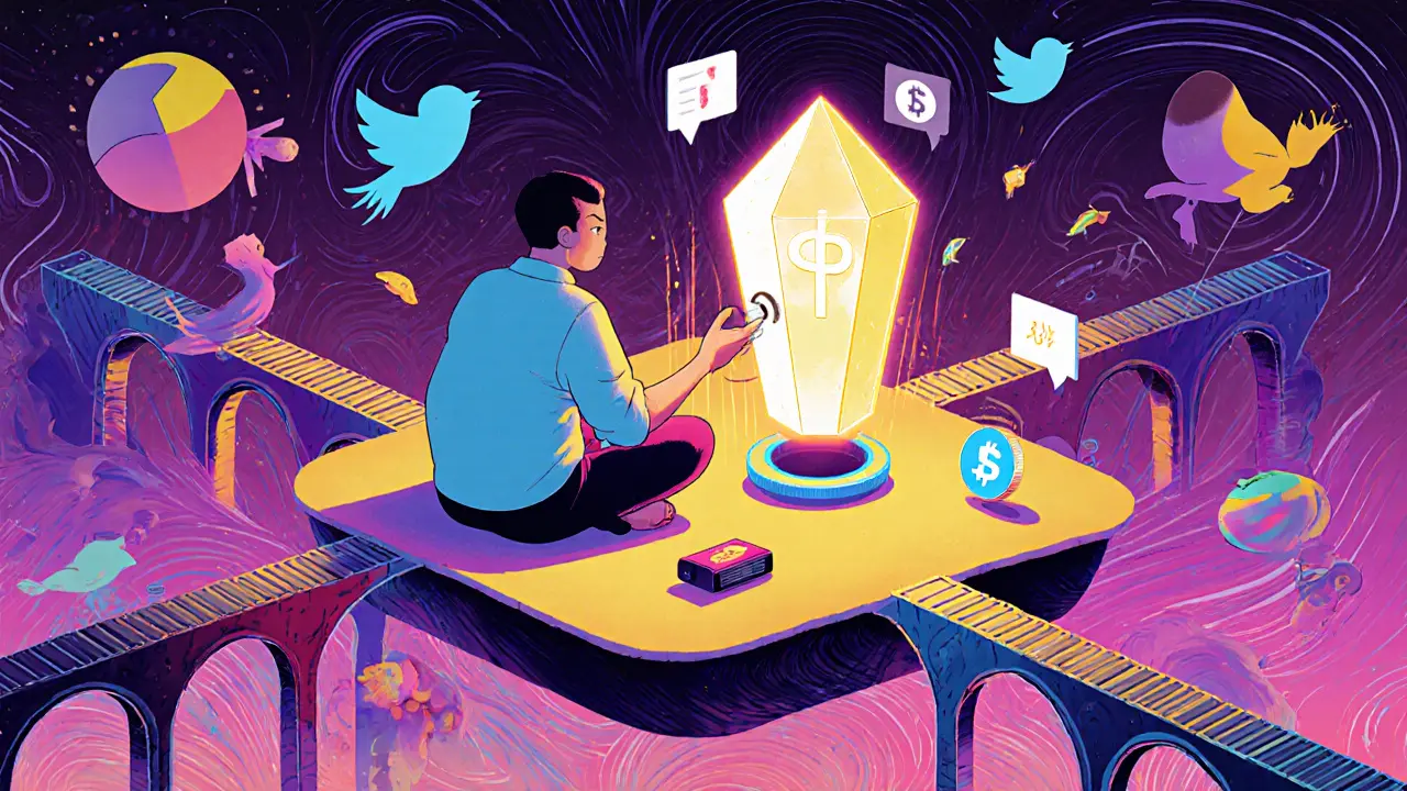 A user connecting a wallet to a glowing SPH token crystal amid DeFi tools