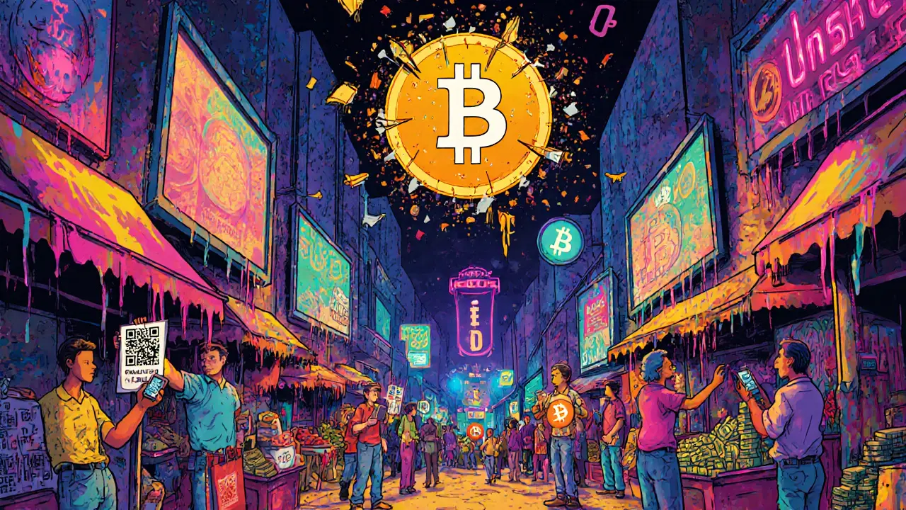 A vibrant street market where people trade crypto via mobile phones and cash, with a shattered Binance logo above, rendered in retro psychedelic style.