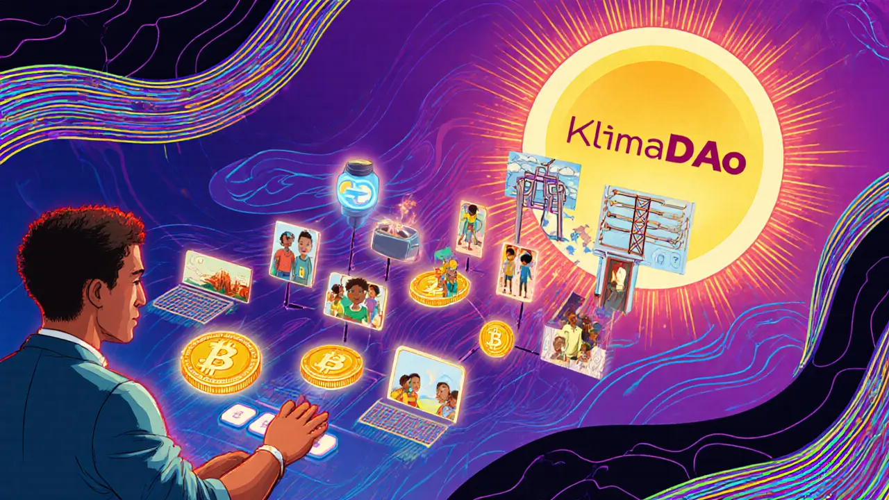 Dashboard showing carbon credit retirement transforming into real-world climate benefits in vivid psychedelic art.