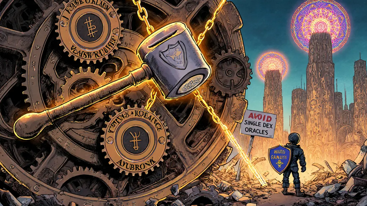 Security system gears reinforced against flash loans, with a user protected by insurance and warnings.