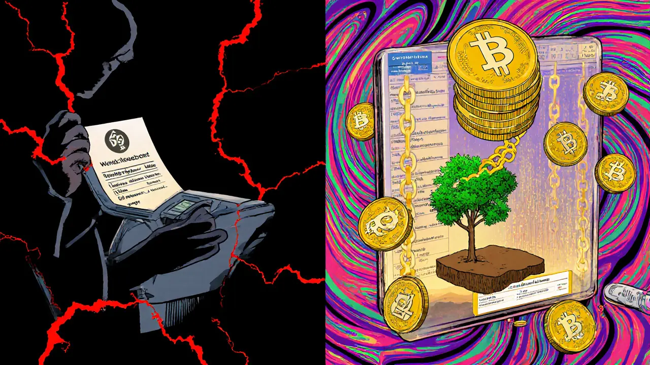 Split scene: counterfeit carbon credit vs. transparent blockchain ledger with retiring token becoming a tree.