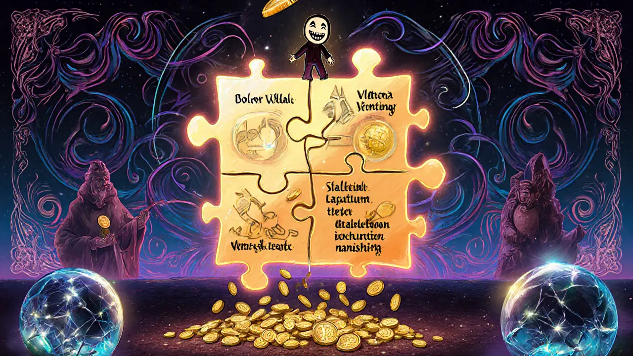 Surreal blockchain transaction block showing all seven steps of a flash loan exploit in fractured segments.