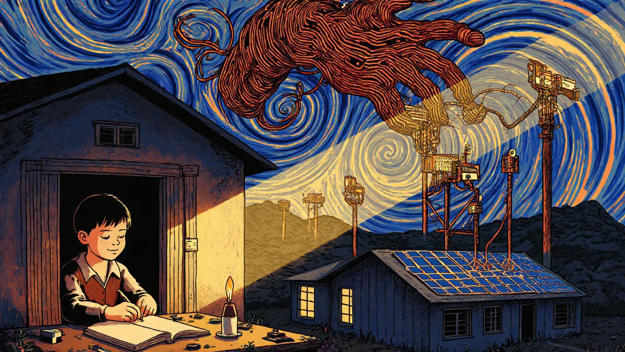 A child studies by candlelight as solar panels descend from circuit-board hands to power a school.