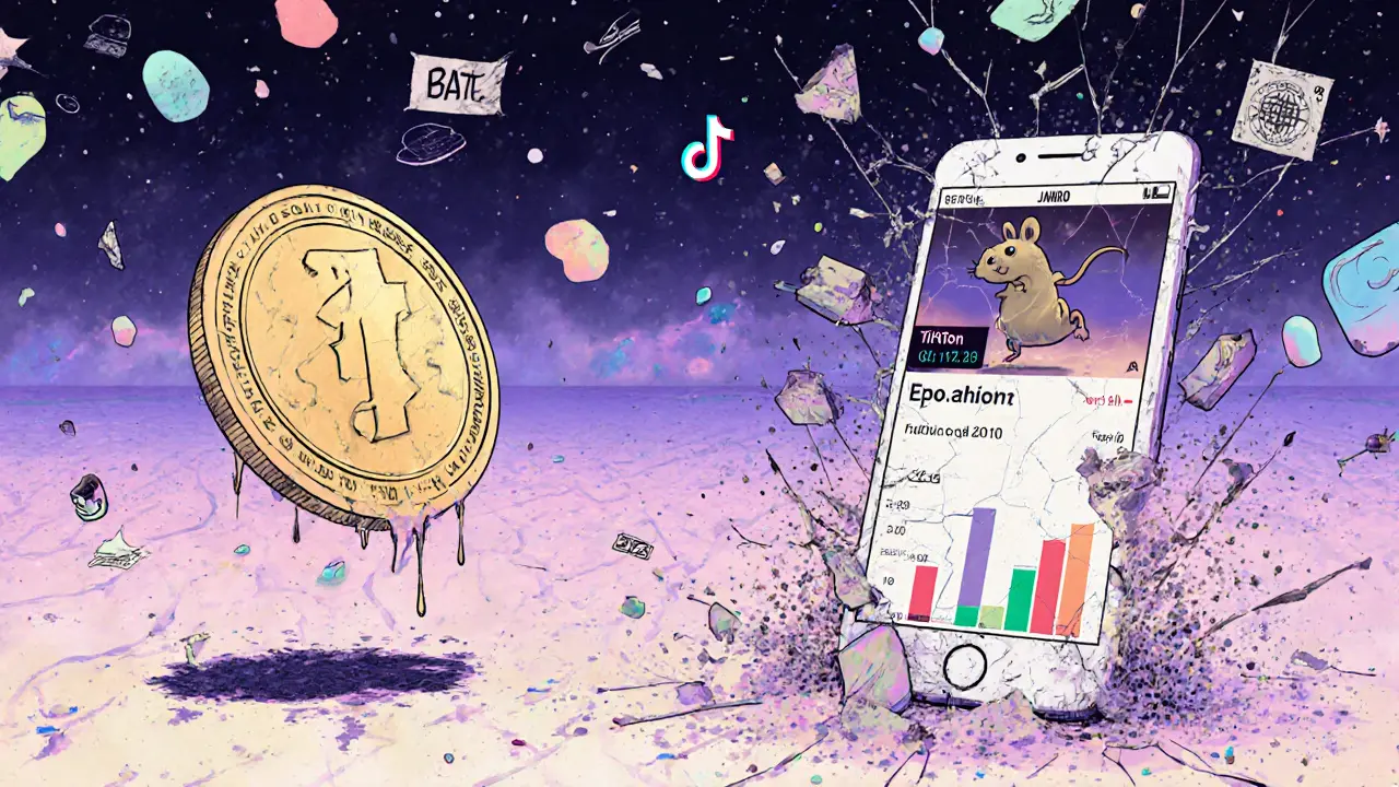 A lone JANRO token floating in an empty digital void with a dead TikTok screen nearby.