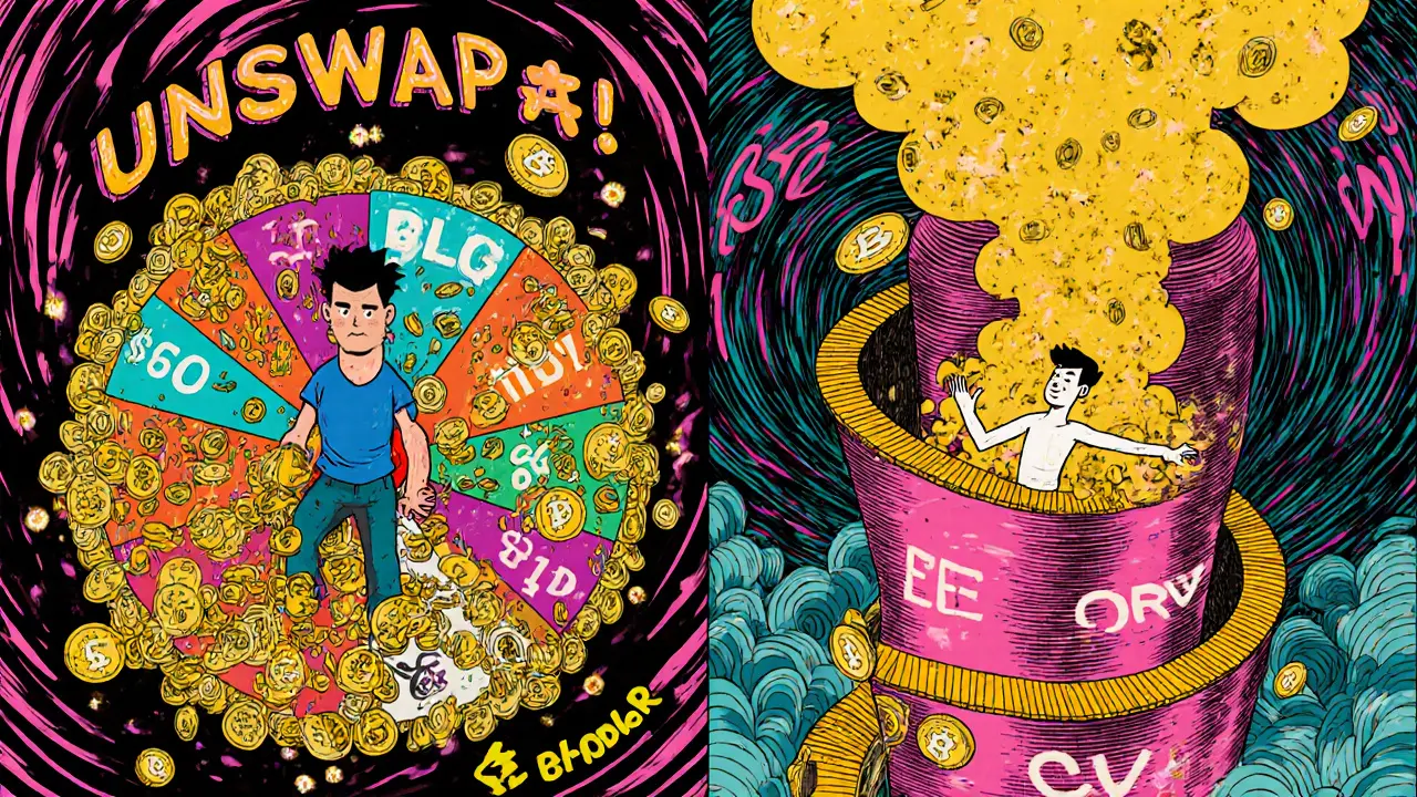 A side-by-side scene: high gas fees on Uniswap vs. low gas on Behodler with burning EYE tokens in psychedelic style.