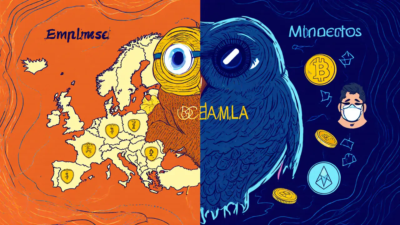 European map split between compliant crypto firms and shadowy DeFi protocols watched by an AMLA owl revealing hidden owners.