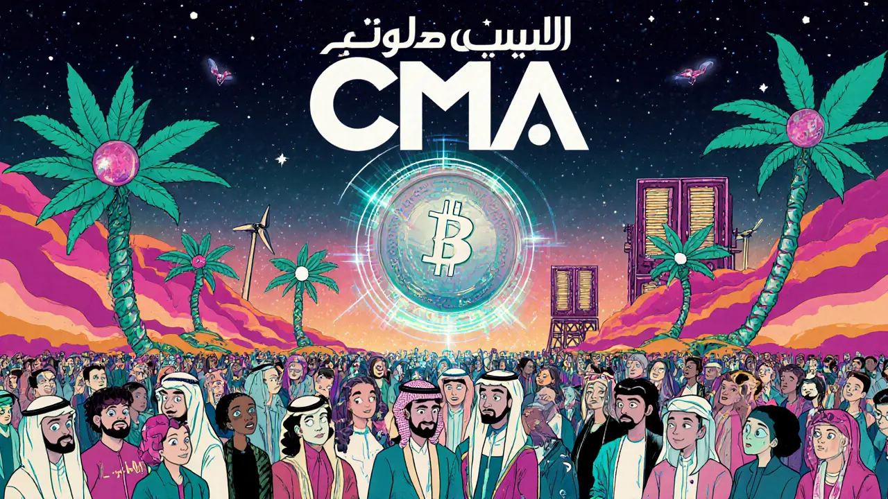 Futuristic CBDC launch with digital Riyal coin and blockchain trees under starry sky