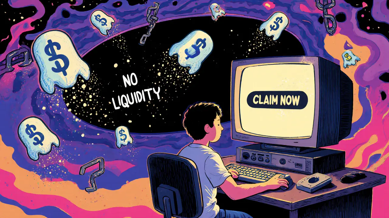 Gamer facing a static &#039;Claim Now&#039; button as tokens turn to dust falling into a black hole labeled &#039;No Liquivity&#039;.