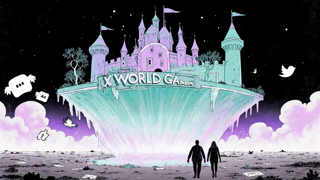 Ghostly castle of X World Games over a digital wasteland, with shadowy figures walking away from broken joystick.