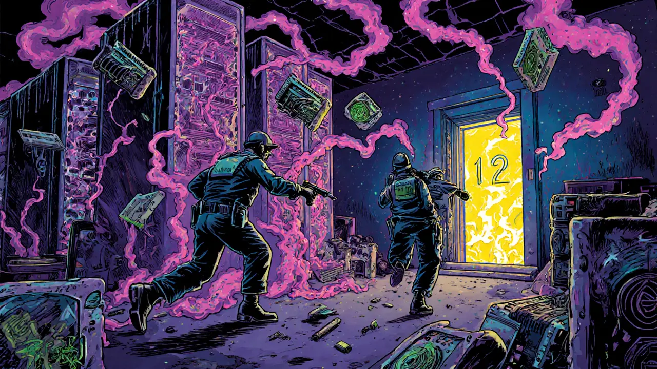 Police raid a neon-lit crypto mine as confiscated equipment floats in swirling psychedelic colors.