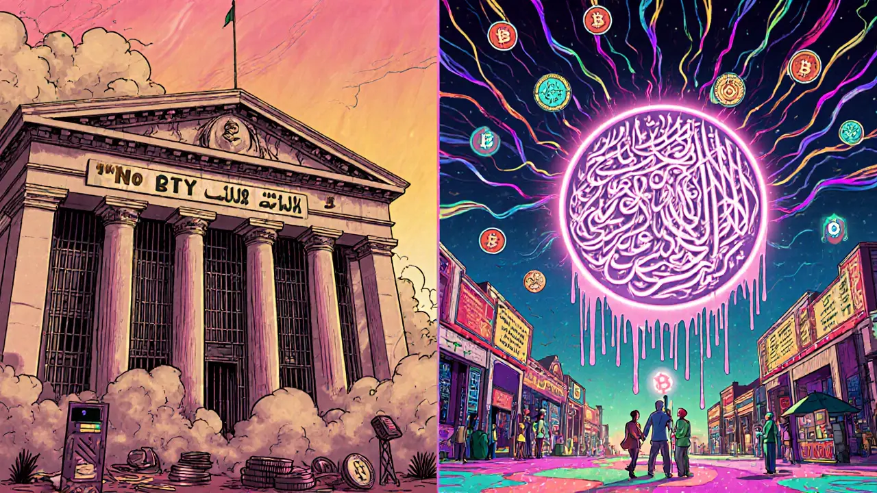 Split scene: banned bank vs vibrant halal crypto marketplace with glowing calligraphy