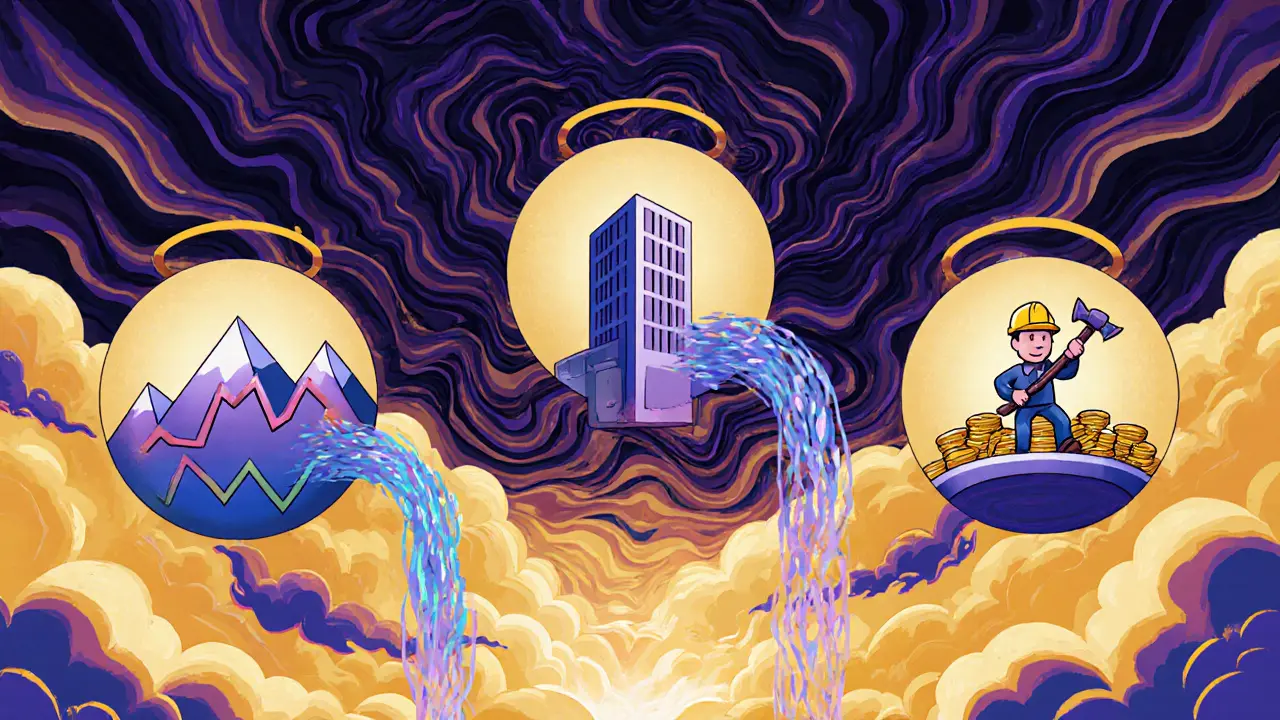 Three giant floating crypto metrics — MVRV, Exchange Flow, Puell Multiple — in surreal 1960s psychedelic style with glowing halos.