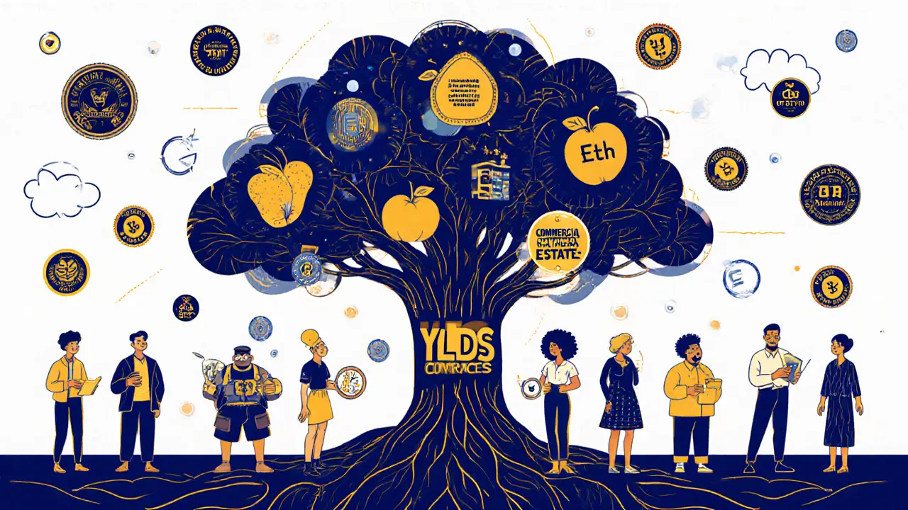A blockchain tree with YLDS fruit and loan roots, surrounded by users and regulatory seals in vibrant psychedelic illustration.