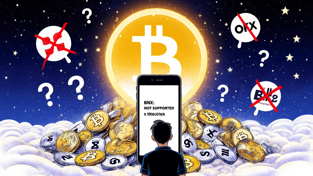 A crypto holder facing a blank screen as FORM rises from discarded BNX tokens amid exchange logos.