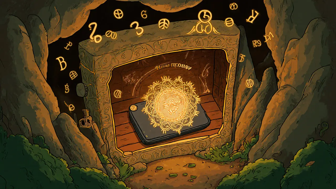 A stone vault in a cave holding a hardware wallet, protected by glowing recovery phrases and earthy tones.