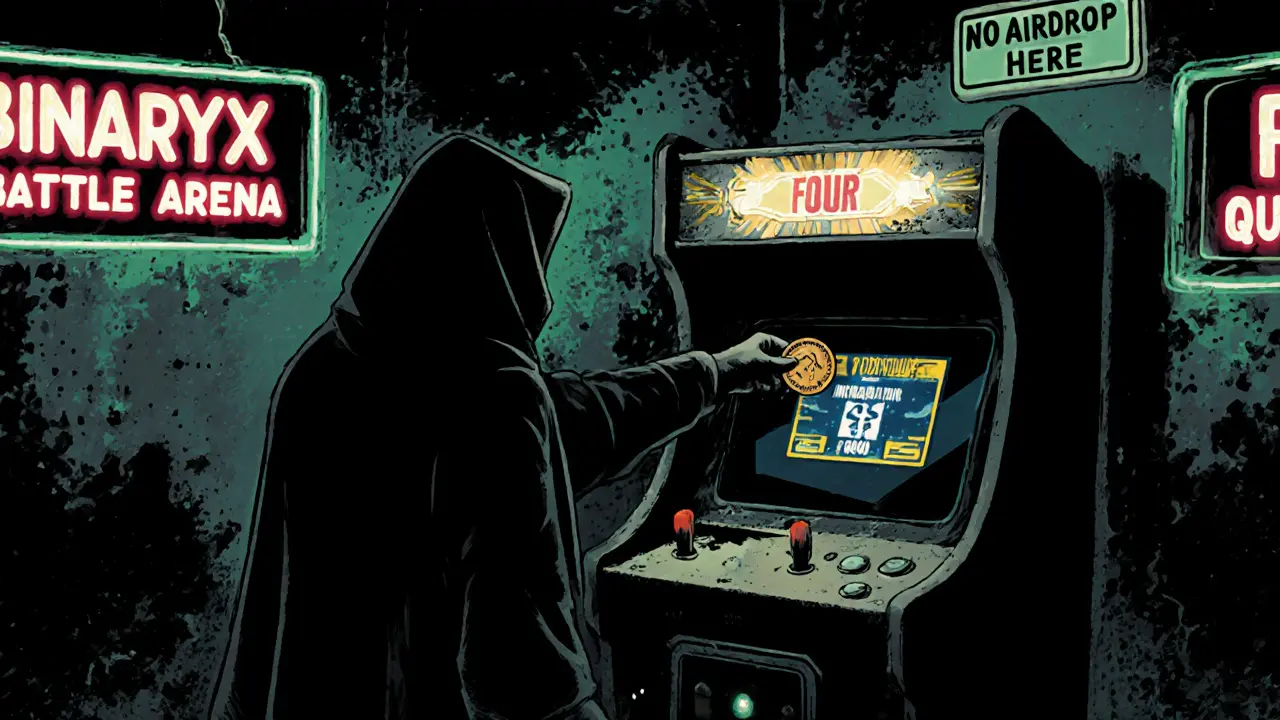 An abandoned gaming arcade with fading BNX signs, a lone FORM token on a cabinet labeled &#039;Four&#039;.