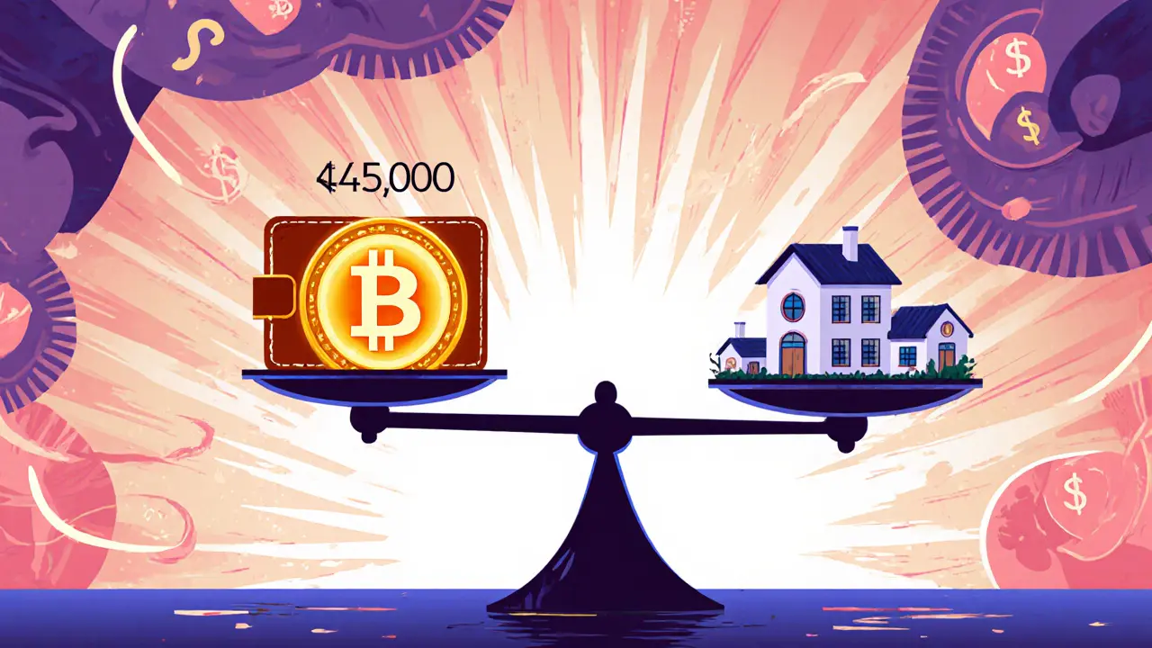 An investor borrows USDC against Bitcoin, with home loans balancing on a scale under glowing interest rays in Wes Wilson art style.