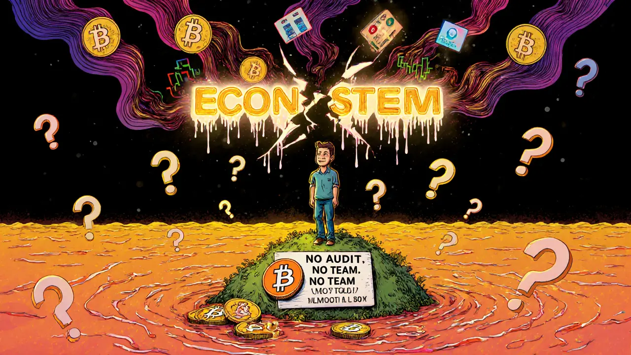 An isolated investor on a token island surrounded by empty charts and a crumbling &#039;Ecosystem&#039; sign.