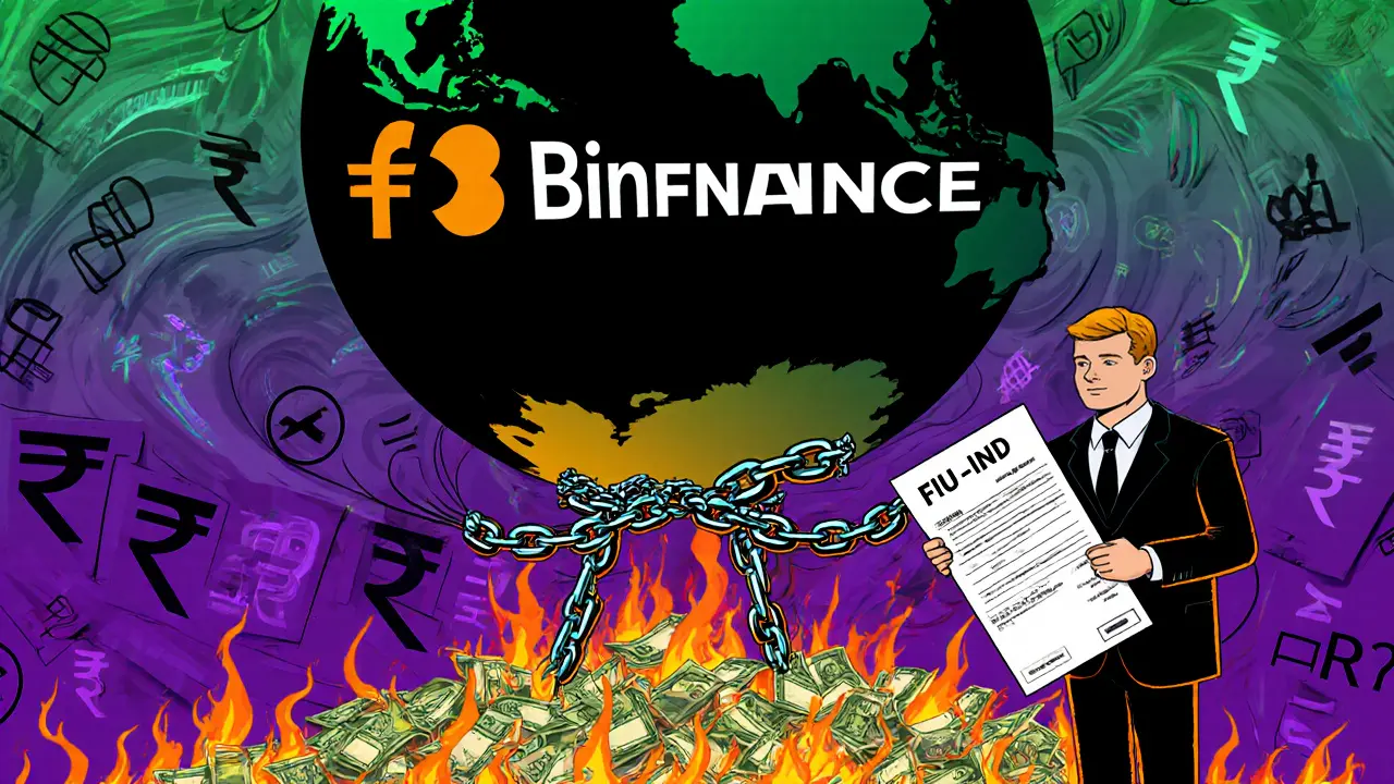 Binance chained down, rupee notes burning, with a regulator holding a fine receipt.