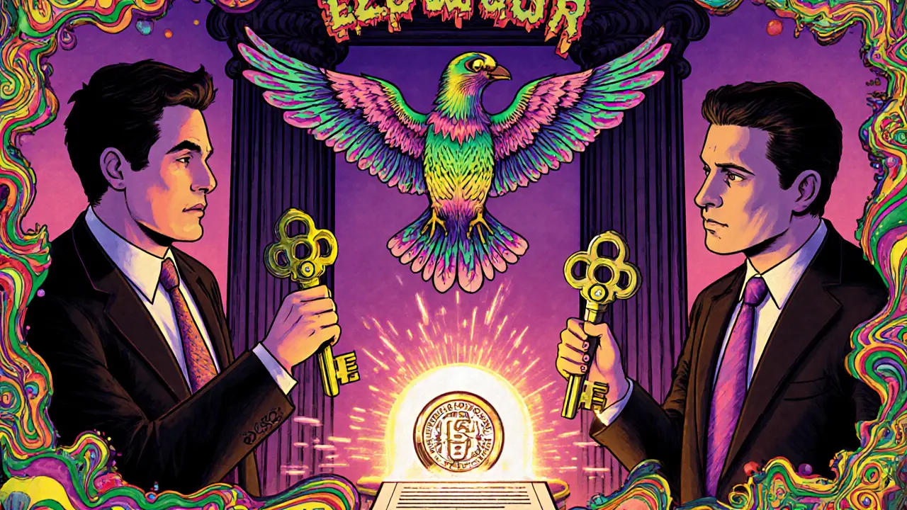 Buyer, seller, and lawyer hold keys above a glowing escrow vault in trippy illustration.