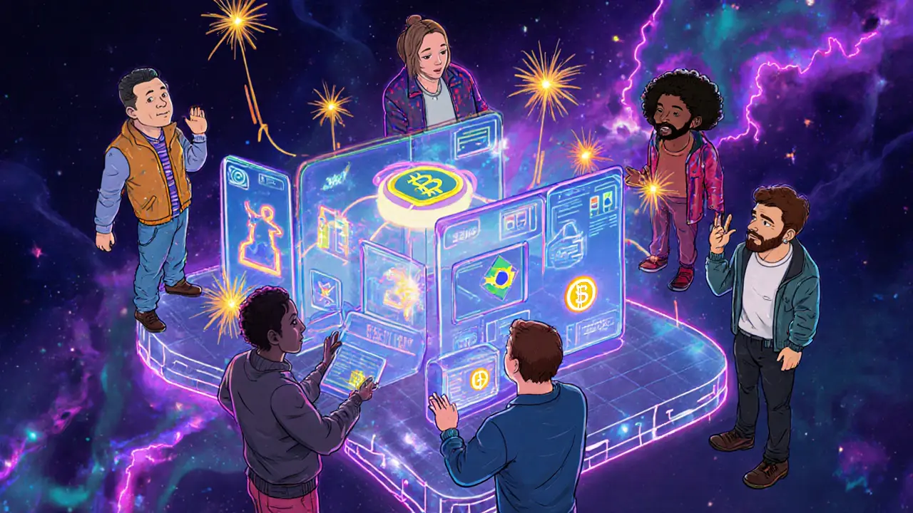 Diverse users interacting with a single Solana blockchain interface split into seven animated DeFi functions.