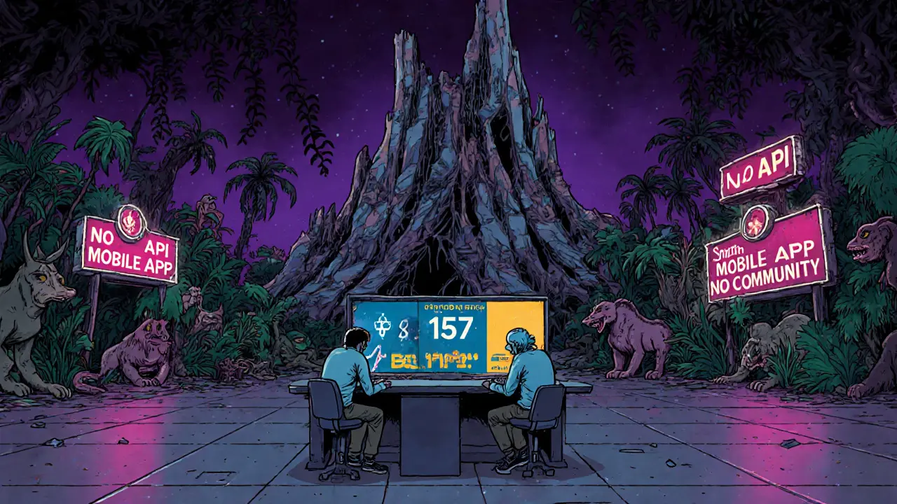 Empty trading floor with tiny volume counter, overshadowed by crumbling CEX tower and thriving DEX jungle.