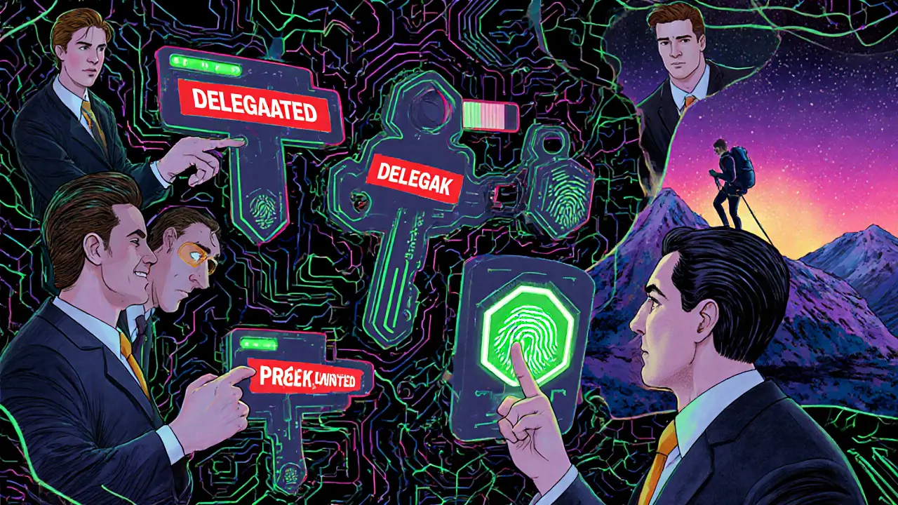 Five executives approve a large crypto transaction with biometric auras in swirling colors.